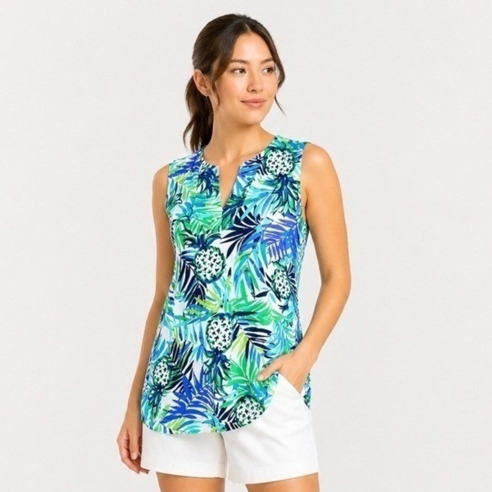 Sunsets & Sweet Tea Tropical Pineapple Tank Top Women's XL Blue Green Sleeveless